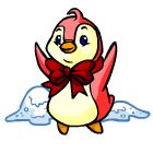 a cartoon penguin with a red bow on its neck