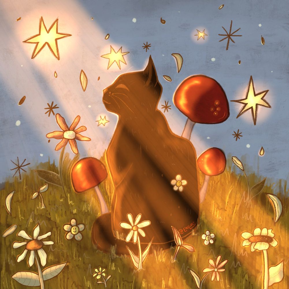 Brownish cat sitting in the middle. The sun is coming from the top left corner hitting the cat directly. Mushrooms, flowers and stars are around the cat. Very warm brown tone in overall.
