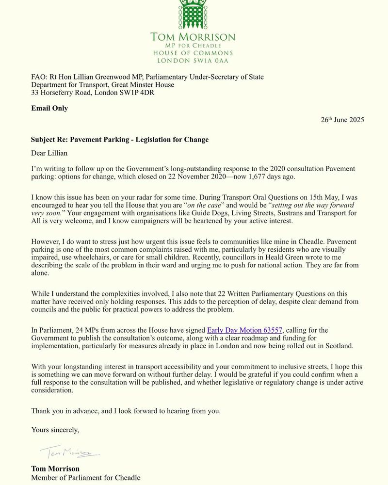 Letter from Tom Morrison MP to Lillian Greenwood MP, DfT asking for action on pavement parking. 