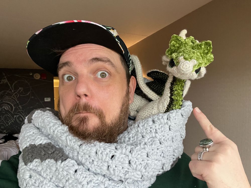 Devin Hunter with his dragon from Open Chest Studios.