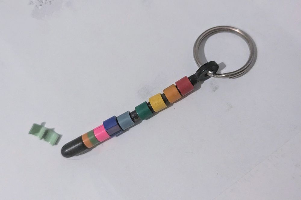 Bird colour rings on a keyring, but one is broken