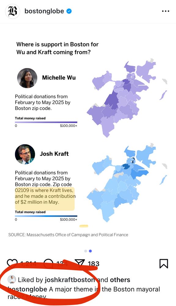 Josh Kraft liking an Instagram post by the Boston Globe showing he gave his campaign $2 million. 