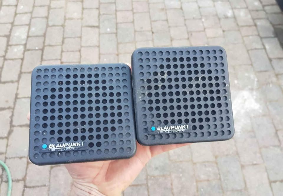 A pair of black Blaupunkt 15 watt 4 ohm car parcel shelf speakers straight out of the early 1980s