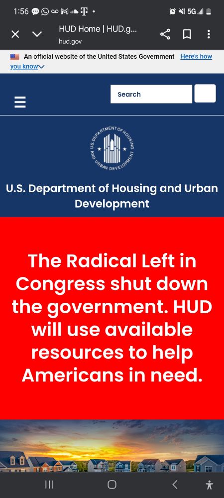 housing govt website banner saying "the radical left in congress shut down the govt. HUD will use available resources to help americans in need"