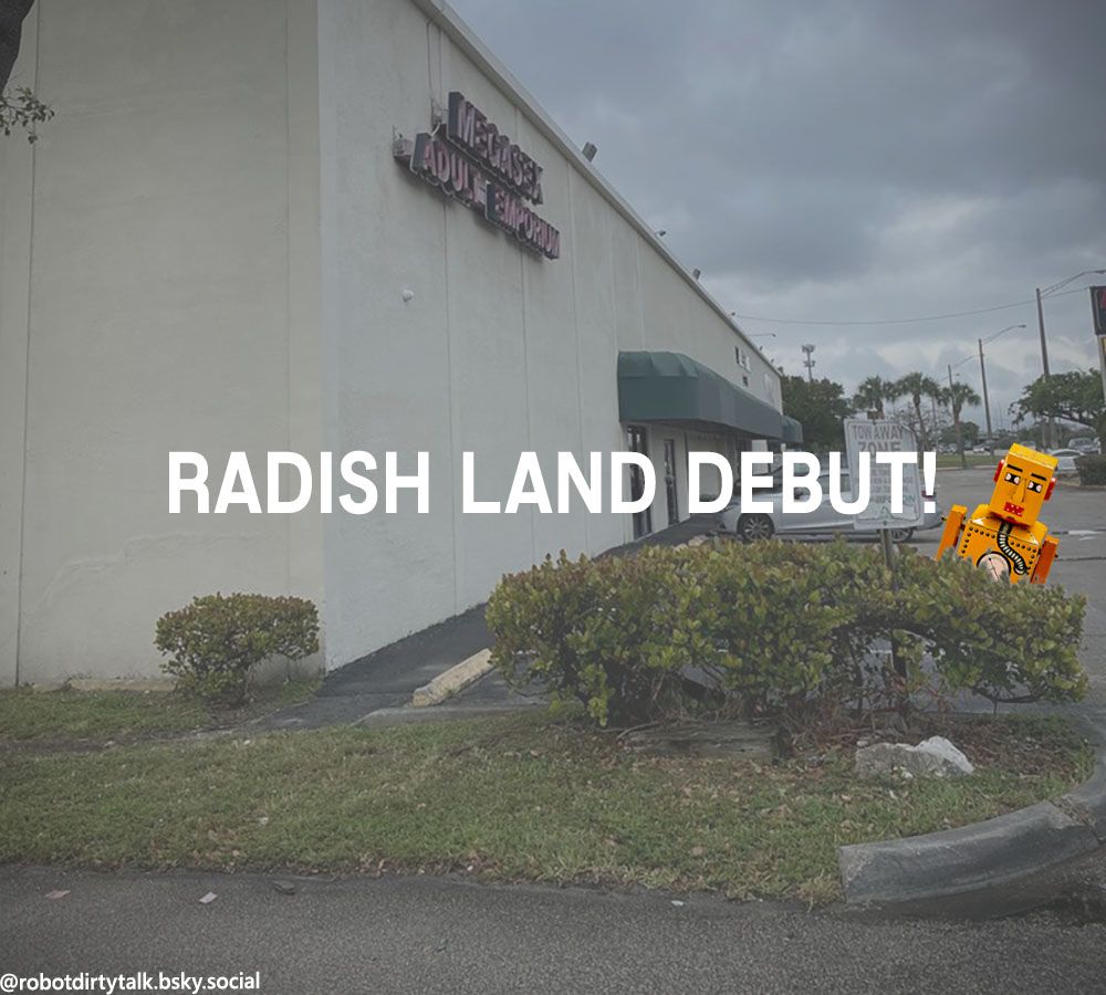A toy robot peeking out from behind some bushes featuring the title "Radish Land Debut!"