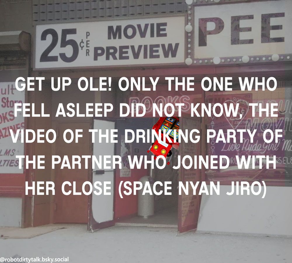 A robot peeking out of an adult theater (as one does) displaying a title that's entirely too long for one movie.