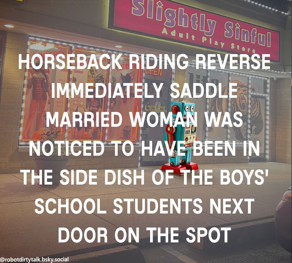 A robot leaving an "adult shop" (like pornhub but made of bricks) featuring the title "Horseback riding reverse immediately Saddle married woman was noticed to have been in the side dish of the boys' school students next door on the spot"