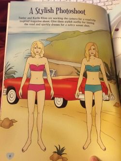a page from a karlie kloss and taylor swift sticker book of two girls in underwear in front of a red convertible