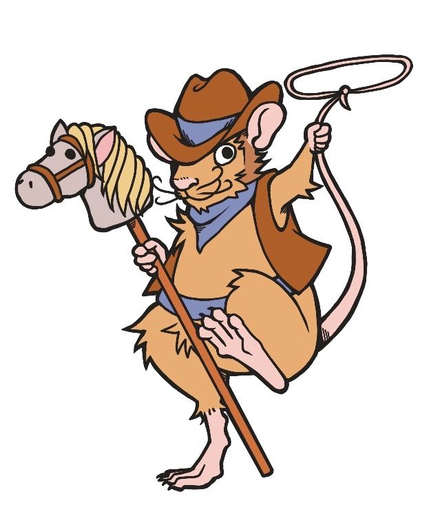 a digital drawing of a tan cartoon rat dressed as a cowboy. he is using his tail as a lasso and riding on a stick horse