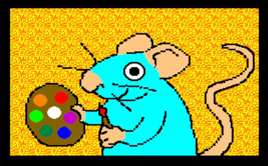 a blue rat drawn in mario painting holding an easel and a paint brush on a yellow background