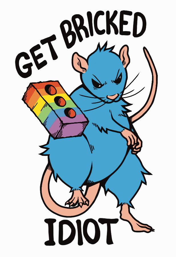 a digital drawing of a blue rat throwing a brick with the gay flag. text: GET BRICKED IDIOT