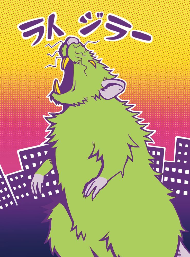 a green rat in a godzilla pose with the katana "RATZILLA"