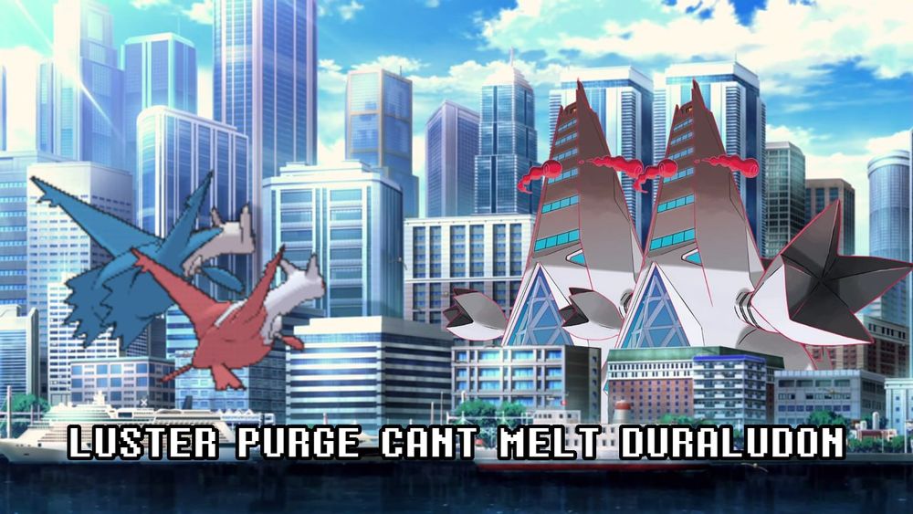 a pokemon background, two mega duraladon are tanding in a city. a latops and latias are flying towards them. the image is captioned "luster purge cant melt duraladon)