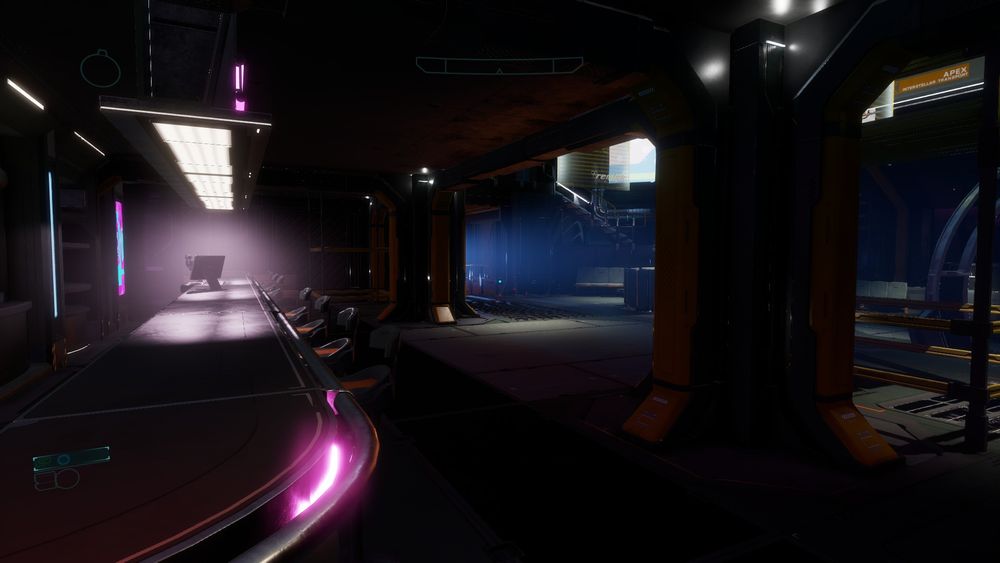 A screenshot from Elite Dangerous, showing the concourse of my outpost. It's very bare and placeholder. The bar is completely empty