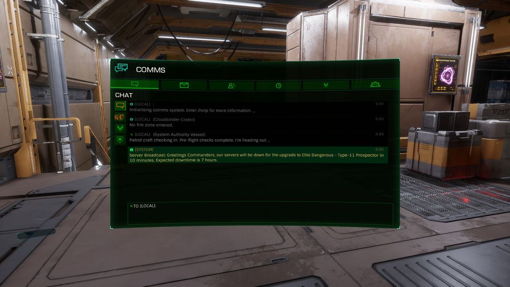 a screenshot from elite dangerous, showing a chat entry immediately after i log in, stating that the game will be offline for 7 hours for an update.