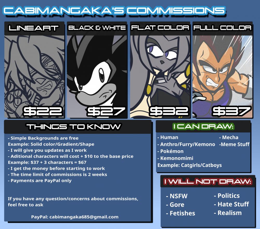 Here's my commission sheet with my prices and examples