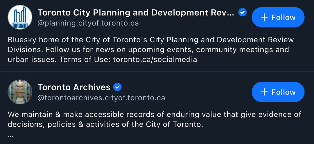 two accounts, @planning.cityof.toronto.ca and @torontoarchives.cityof.toronto.ca