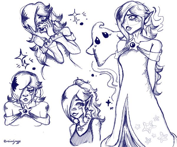 a sketch study of rosalina. she looks upset whilst speaking to a luma, looks downwards in shame, smiles whilst she has her hair in ponytail, and looks dazed whilst clutching her face. 