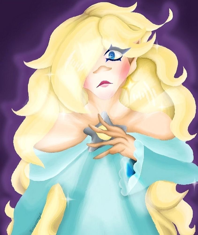 illust of rosalina where she stares blankly at the viewer and rests her hand on her chest. she is shown bathed in a white light