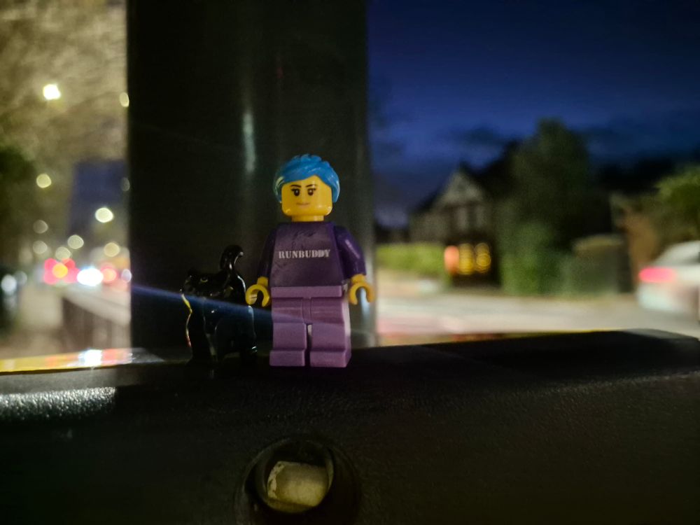 Legorunbuddy and legorunkitten waiting on the button pressing of a pedestrian crossing. Streetlights and car lights blur in the background. 