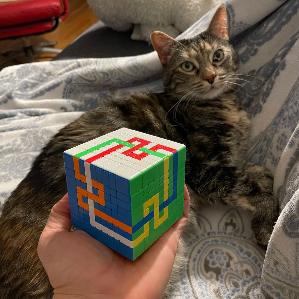 A 9-layer Rubik’s cube solved to depict a mathematical knot with 9 crossings (I think it’s a torus knot). 🪢 