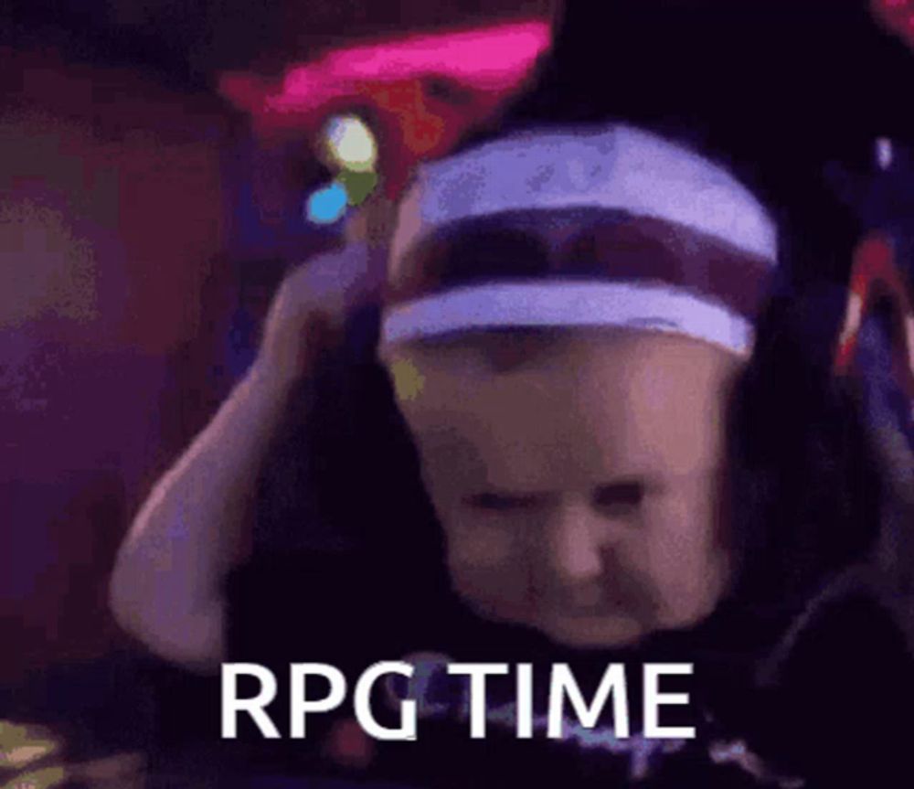 a baby with a headband on says rpg time