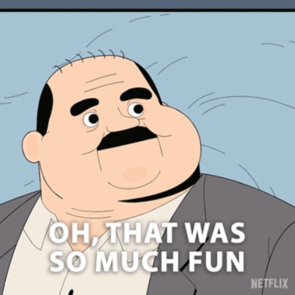 a cartoon of a bald man with a mustache and the words oh that was so much fun