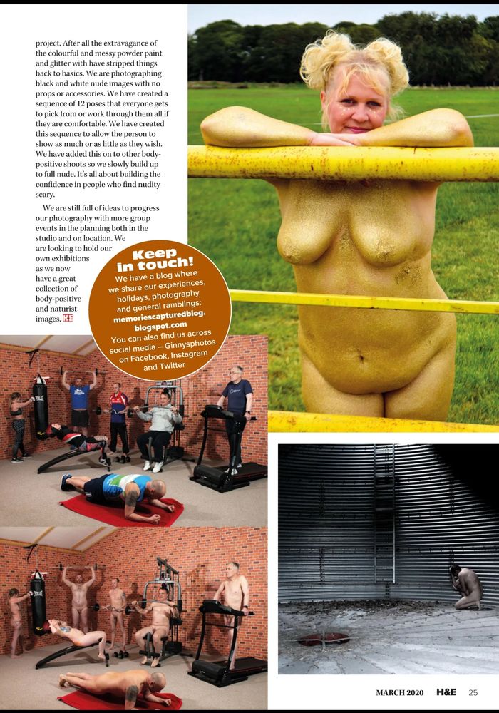 Magazine article promotion body positivity through non-sexual nudity. Image shows female nude in body glitter and group nude. 