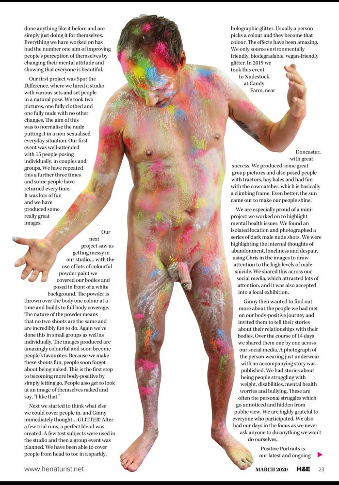 Magazine article promotion body positivity through non-sexual nudity. Image shows male nude covered in powderpaint