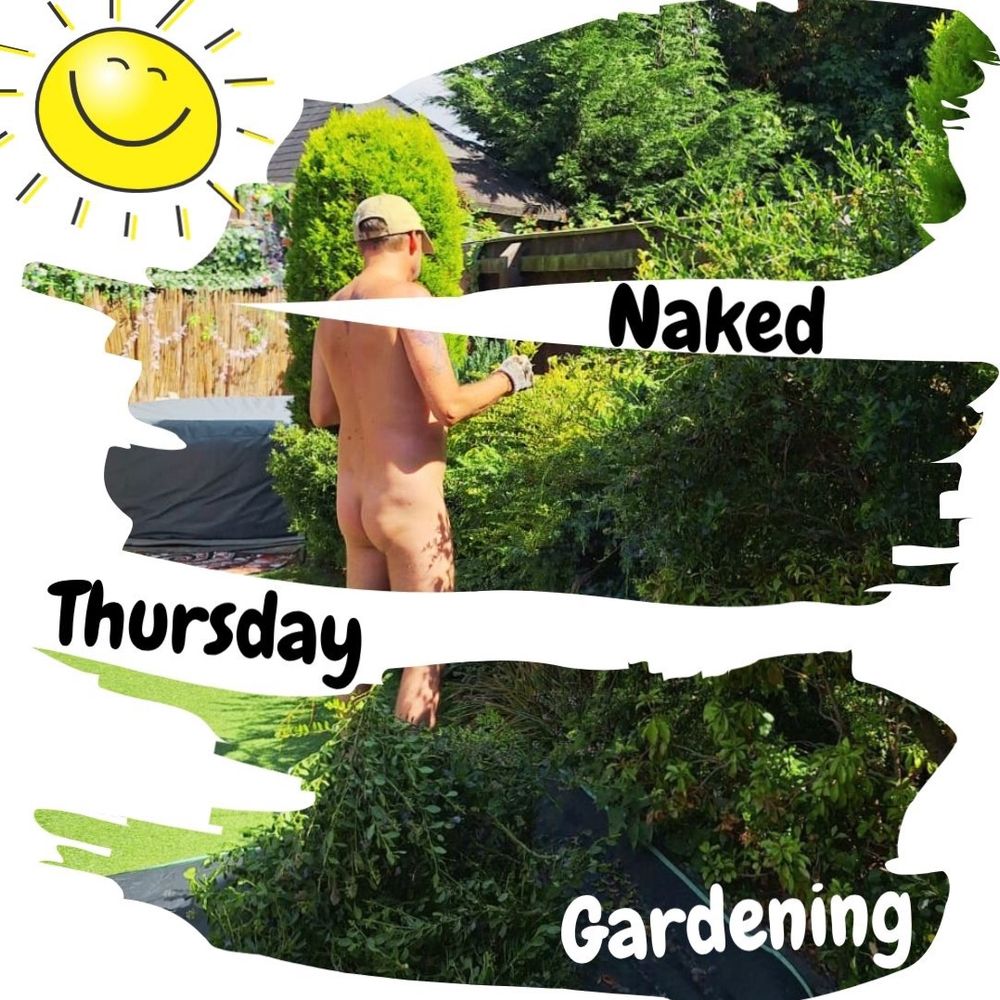 An English garden experiencing an early British summer. A naked gardener looks after his plans giving a cheeky view. 