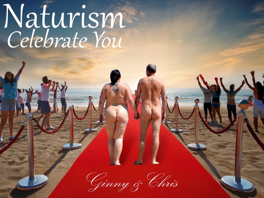 A naturist couple walking on the beach with ai generated red carpet and cheering crowds. 