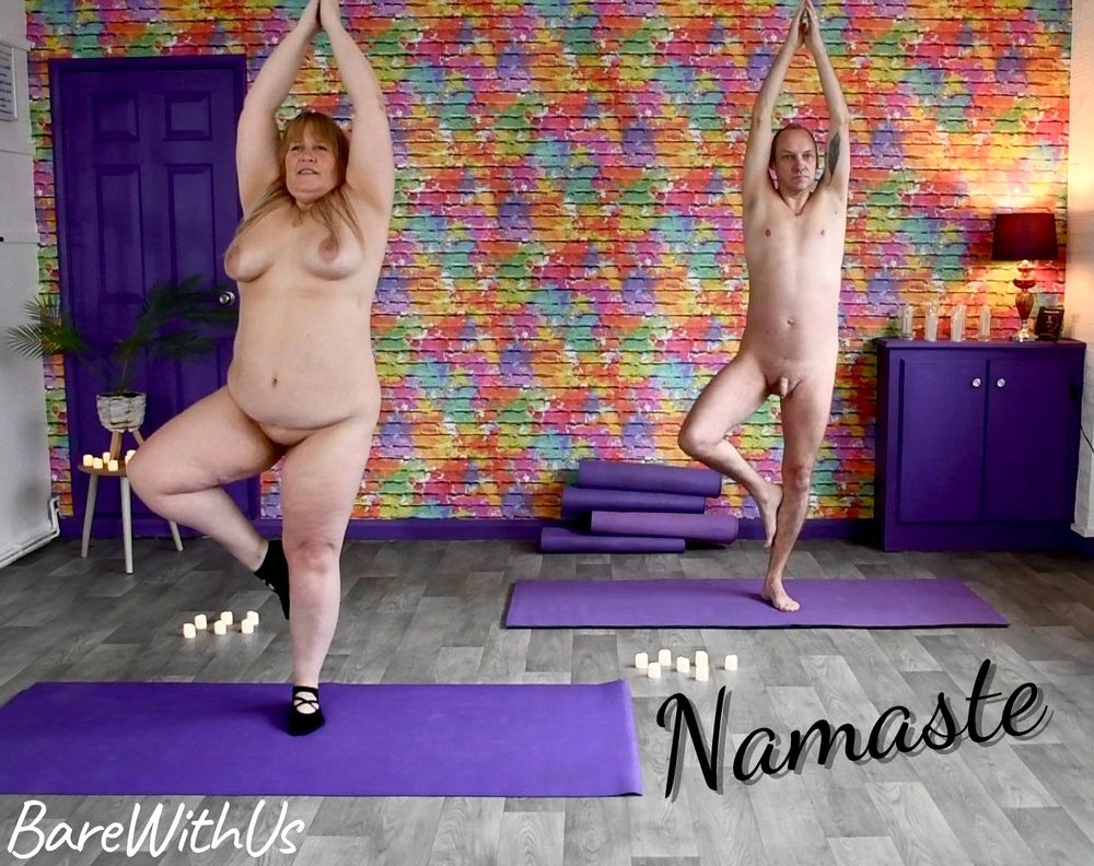Ginny and Chris holding a tree pose during a naked yoga session. Confident and natural