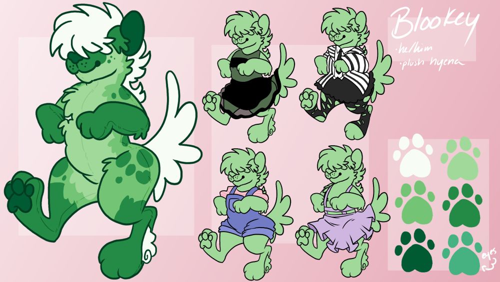 A green plush hyena furry, along with four different outfit designs for him. 