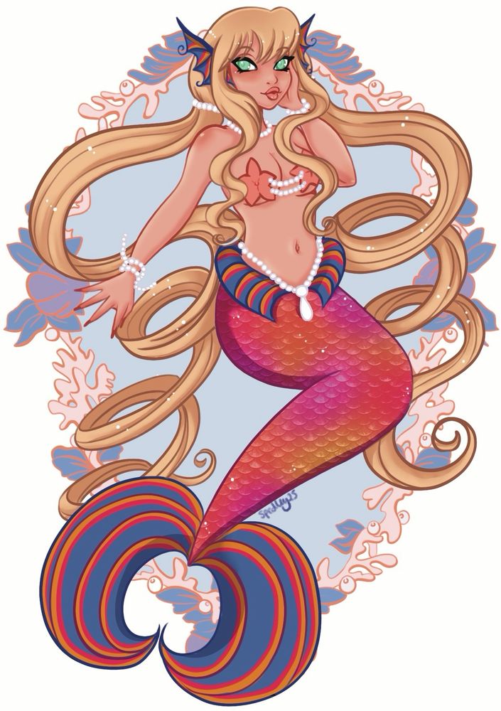 A pretty blonde haired mermaid with tan skin. Green eyes, wearing pearls all over her body. She has a tropical coloured tail with blue, yellow and pink.