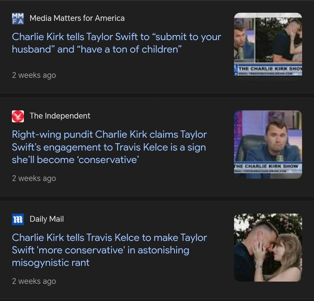 Two weeks ago Charlie Kirk ran his mouth on Taylor Swift. RIPiss. 