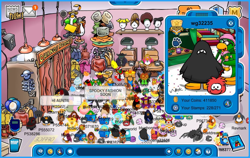 A screenshot of Club Penguin Journey, depicting a crowded Gift Shop. The player's profile is highlighted; it has Aunt Arctic's Fair 2025 background.