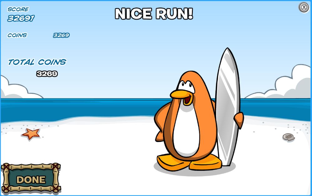 The results screen for Catchin' Waves in Club Penguin Journey, showing a score of 32691