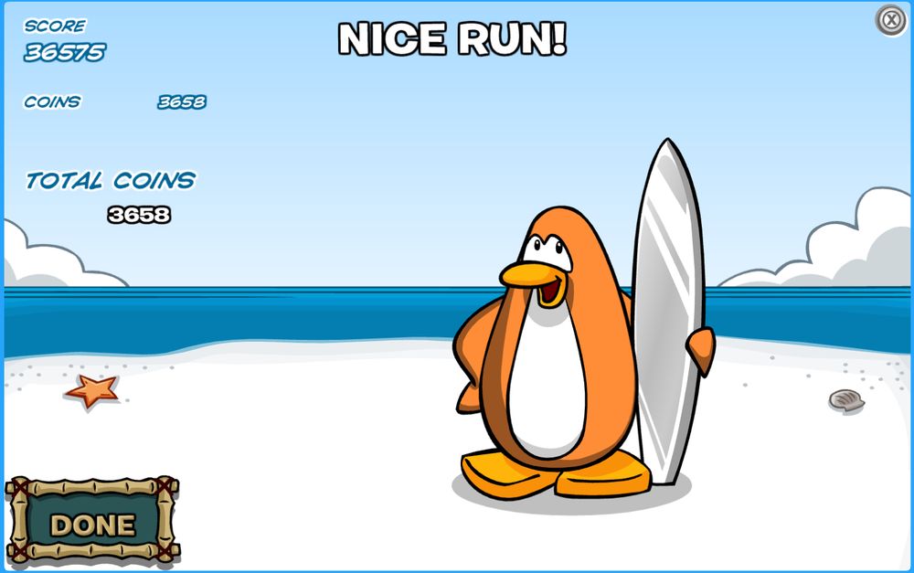 The results screen for Catchin' Waves in Club Penguin Journey, showing a score of 36575