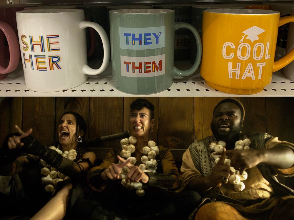 two photos stacked on top of each other: the top photo features three coffee mugs, one white one that says SHE/HER, one green one that says THEY/THEM, and one orange/yellow one that says COOL HAT; below that photo is archie [she/her], jim [they/them], and olu [cool hat] on their bed putting up crosses with their fingers to protect against curses, and they're all wearing garlic knots (our flag means death s2e5)