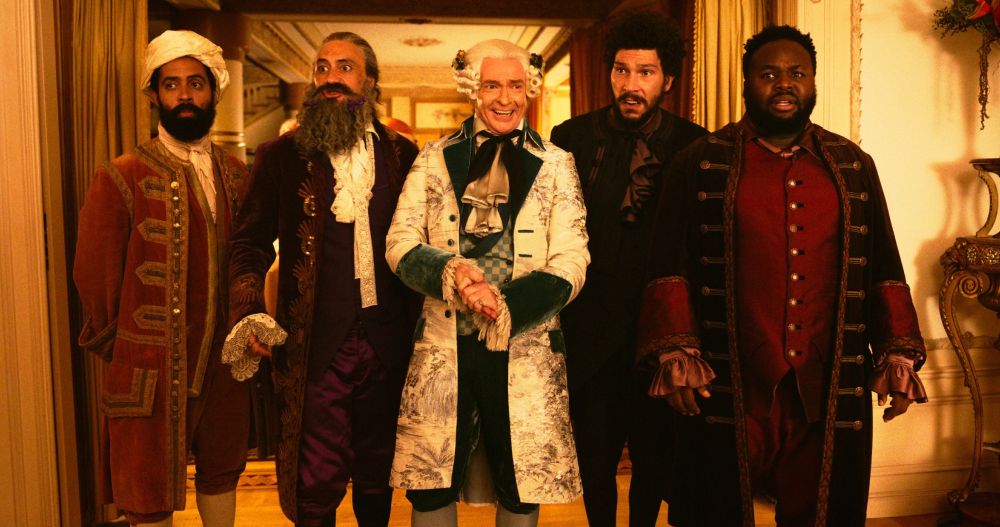 abshir, jeff the accountant, sir godfrey thornrose, viceroy frenchie, and prince azi looking on at the carnage of stede's passive aggression on behalf of his boyfriend (our flag means death s1e5)