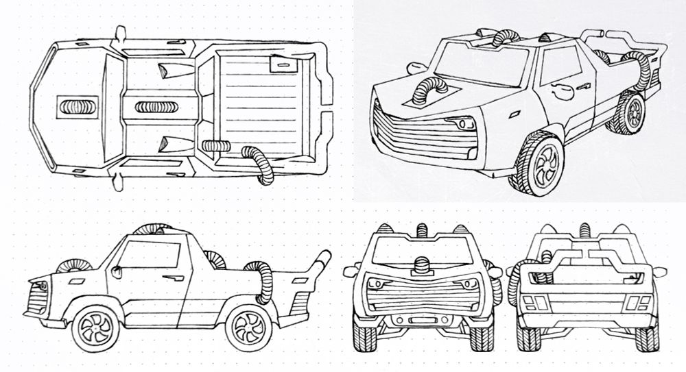 Top, side, front and rear orthographic views and a 2 point perspective view of a pickup truck design with additional piping accenting the vehicle
