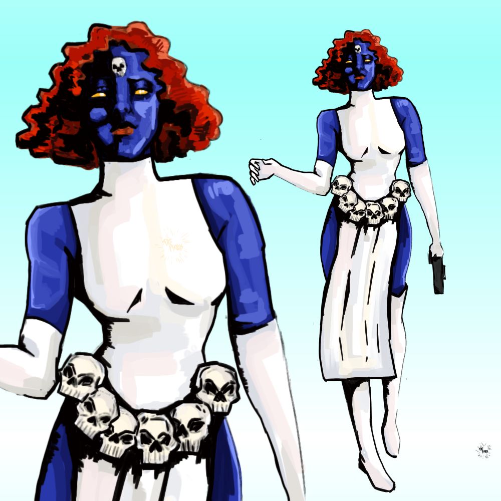 digital art of mystique from xmen comics. her hair is curly and bobbed and she is in her classic whote outfit. their is two versions of her a closeup and a fullbody version