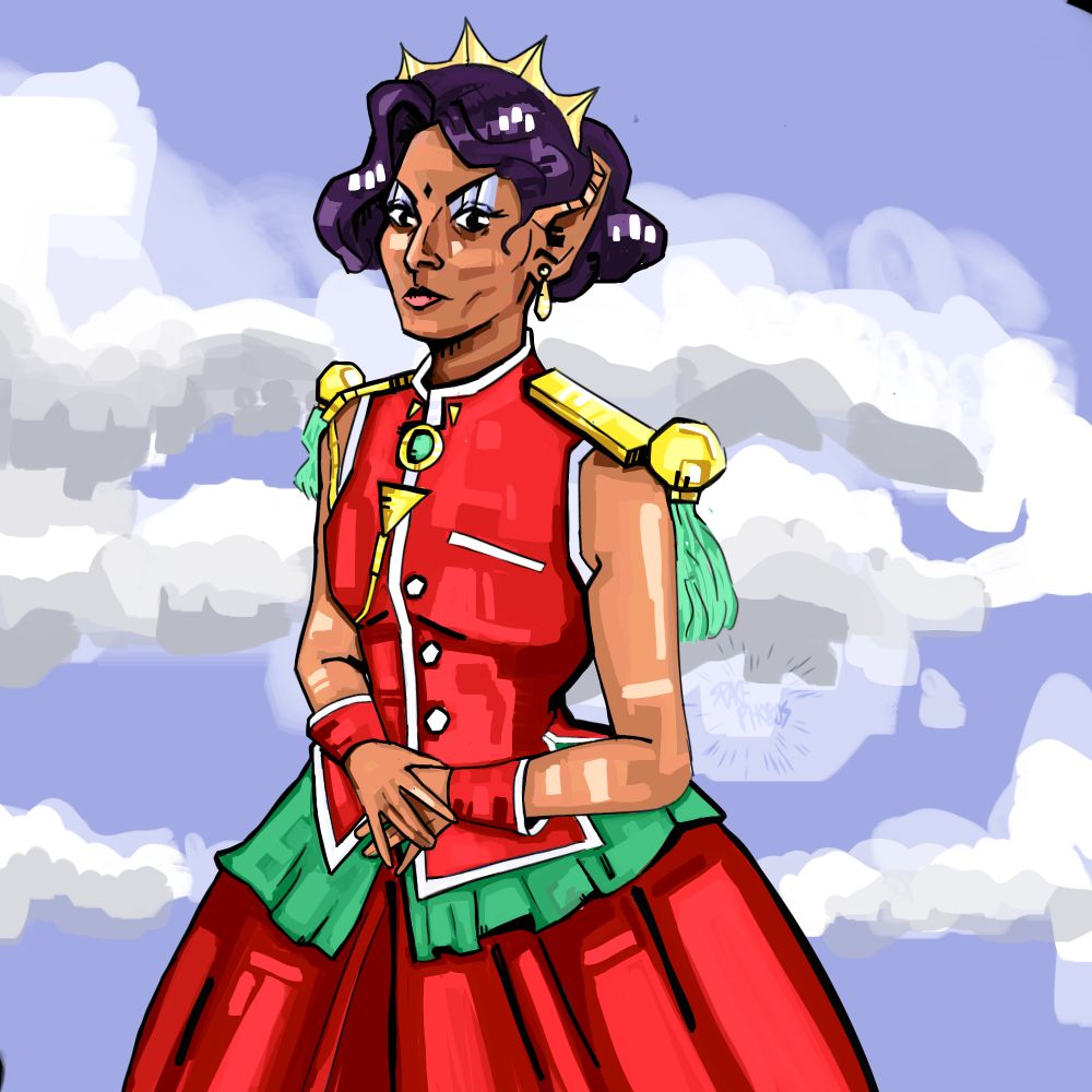 digital art of t'pring dressed in a sleeveless red gown adorned with green and gold accesories and a white trim. she has a gold crown on her hair which is purple and short to match anthys and is poised in front of a sky background