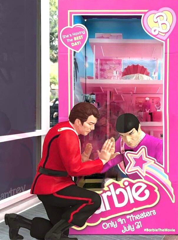 One of the promotional Barbie photo-op boxes with a person dressed as Spock inside and a person dressed as Kirk on the outside touching hands on the clear part just like Kirk and Spock did at the end of Wrath of Kahn