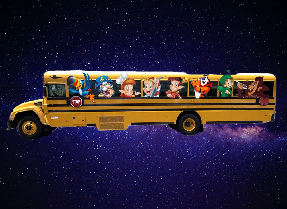 A school bus floating in space with cereal mascots in/on it: Froot Loops Toucan, Captain Crunch, Snap, Crackle, and Pop, Tony the Tiger, Lucky Charmes Leprechaun, and Count Chocula
