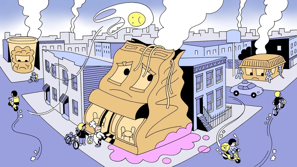 An illustration of a building-sized takeout bag on a corner of a city street with food curriers coming and going from the various restaurants illustrated by building-sized takeaway containers