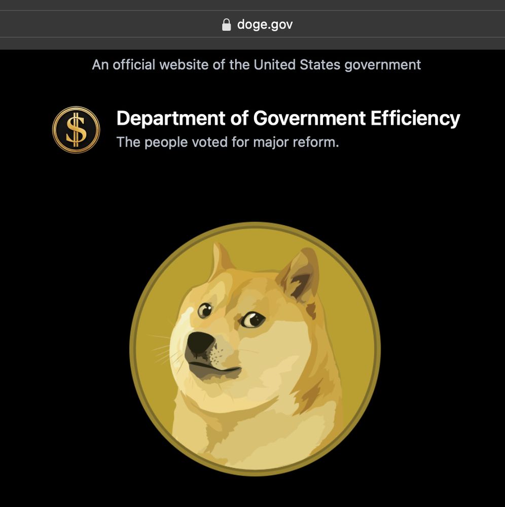Screenshot of doge.gov with an image of a dogecoin (a dog on a gold colored coin), an image of a cold dollar sign inside a gold circle, the text "Department of Government Efficiency; The people voted for major reform," and a notation that it's an official website of the United States government.
