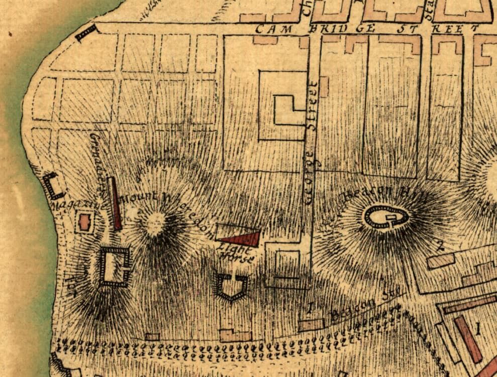 An old map of Boston showing Beacon Street with Beacon Hill above it and Mount Whoredom to the west of Beacon Hill and Cambridge Street in the same location it presently occupies.