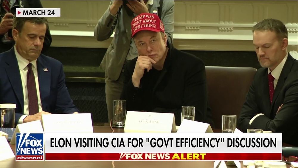 Elon Musk sitzt an einem Konferenztisch von Trumps Kabinett, neben ihm sitzen seriös aussehende Meeting-Teilnehmer. Musk trägt eine rote MAGA Cap mit Aufschrift "Trump was right about everything", die sehr hoch auf seinem Hinterkopf sitzt.