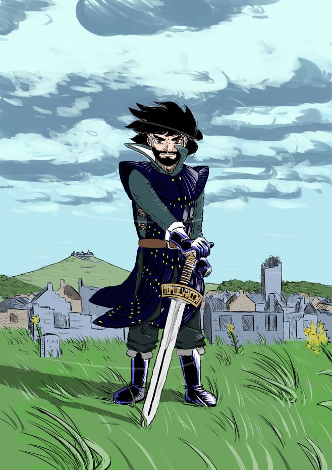 Illustration de Demian Cassis, le "chevalier noir" de la BD Hamanium.
Il se trouve debout, face au vent, tenant son épée plantée dans l'herbe, dans un paysage en ruines.